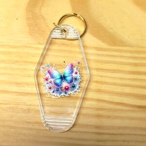 Pink/blue butterfly with flowers clear key chain